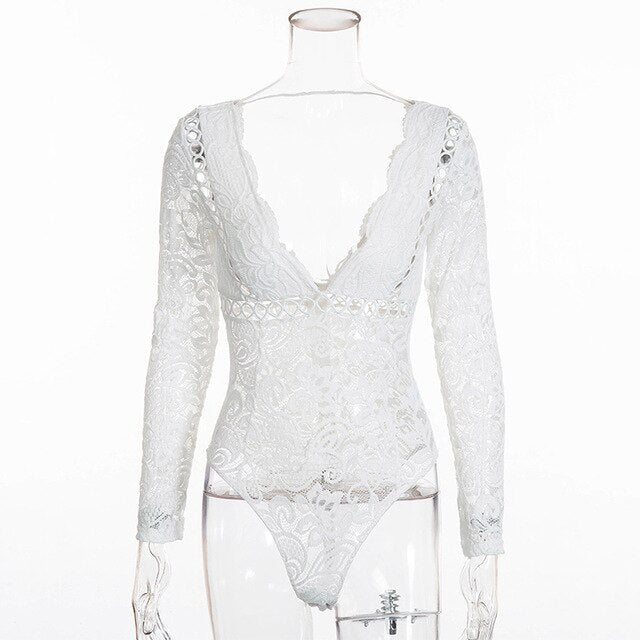 Bodysuit Women Long Sleeve Sexy Deep V Neck Scalloped Backless White Lace Bodysuit Body Women One Piece Bodycon Tops