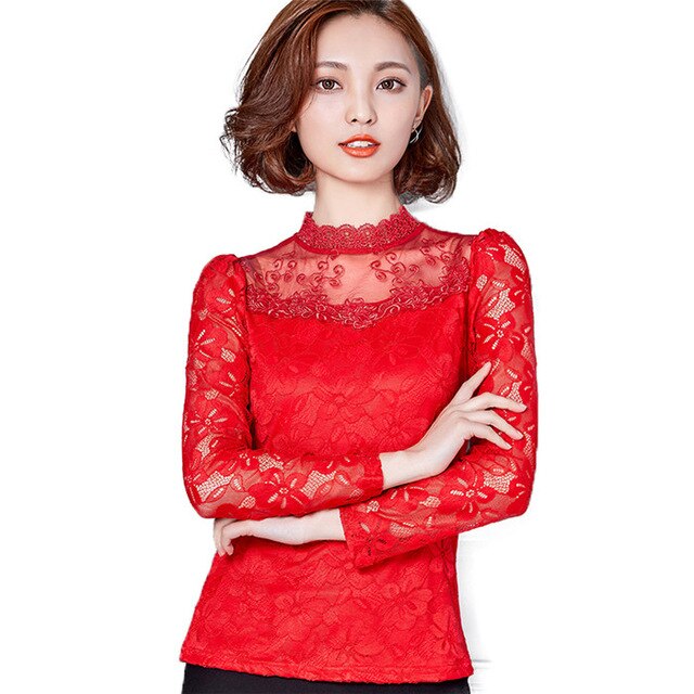 Blouses Spring Autumn Fashion Sexy Slim Shirt Tops Lace Long Sleeve O-Neck Leisure