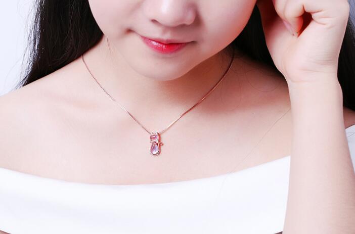 Cute Rose Pink Opal Kitty Cat Pendant Necklace For Women Girls Children Gift Lovely Quartz Romantic Wedding Jewelry