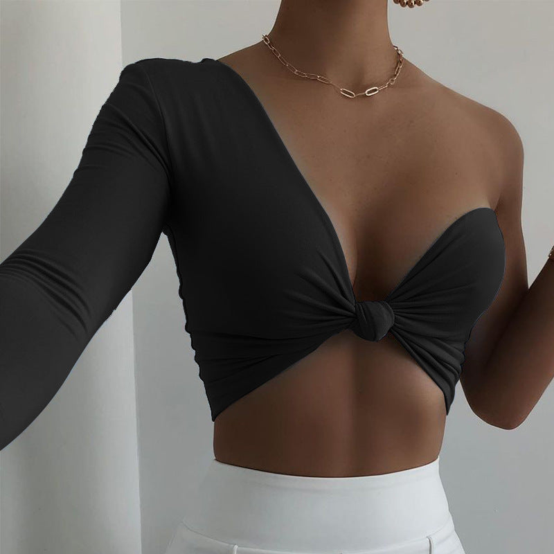 Solid Color Sexy Irregular One Shoulder Sleeve Slim Fit Wrap Top T-Shirt