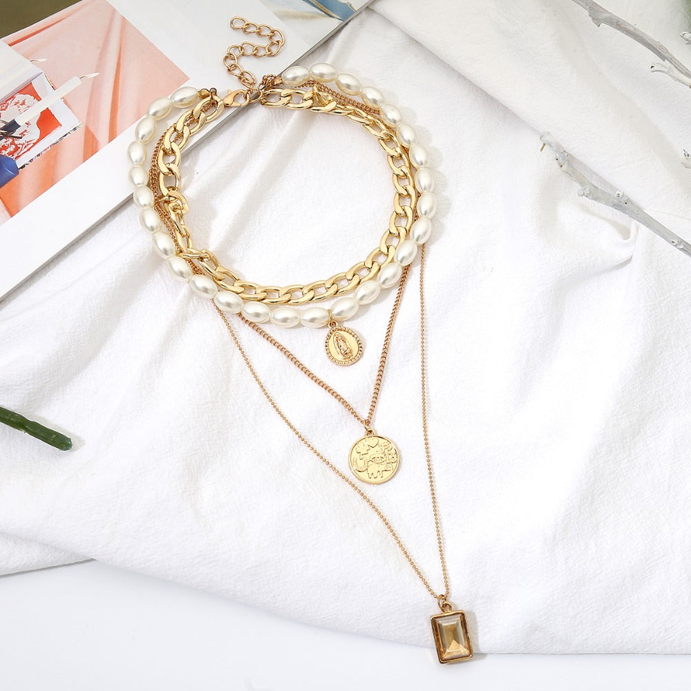 Punk Multi Layered Pearl Choker Necklace Collar Statement Virgin Mary Coin Crystal Pendant Necklace Women Jewelry