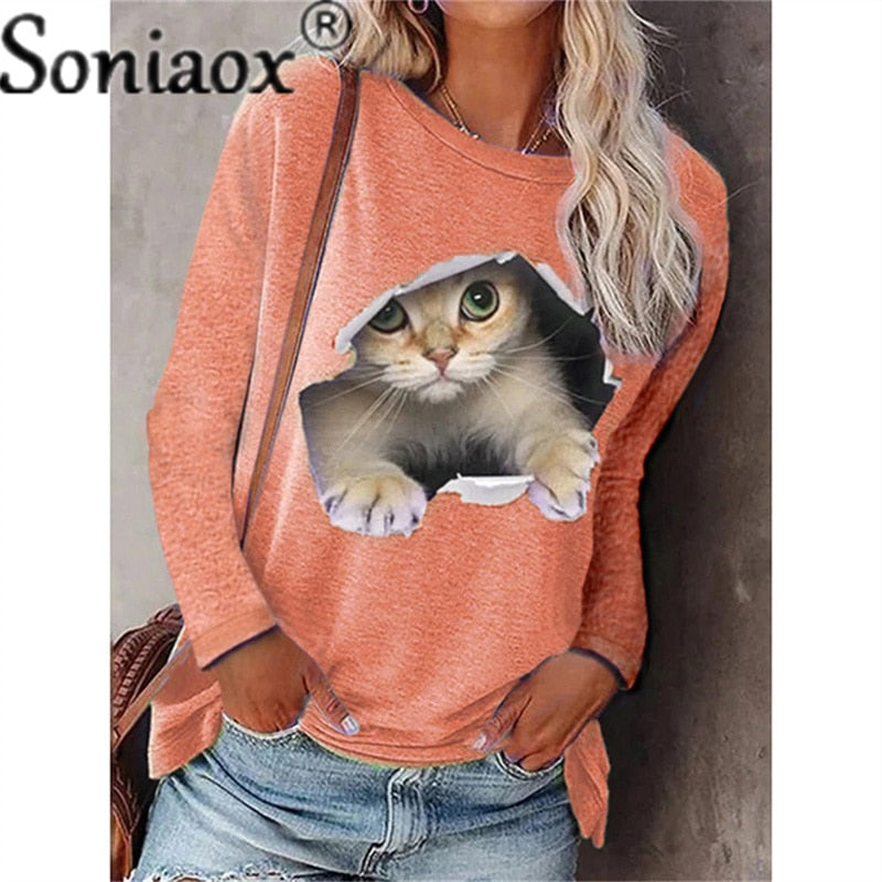 Women Long Sleeve Casual T-Shirt New Autumn O-Neck Printed Loose Tops Cartoons Funny Cats T-Shirt Fashion Lady Streetwear