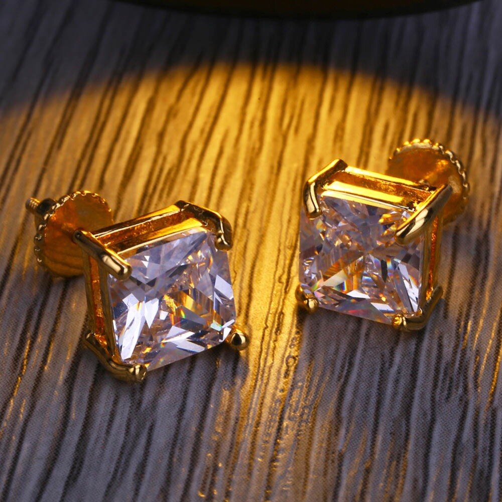 Hip Hop Bling Stud Earrings Gold/Silver Color Iced Out Micro Pave 8mm CZ Stone Lab D Earrings
