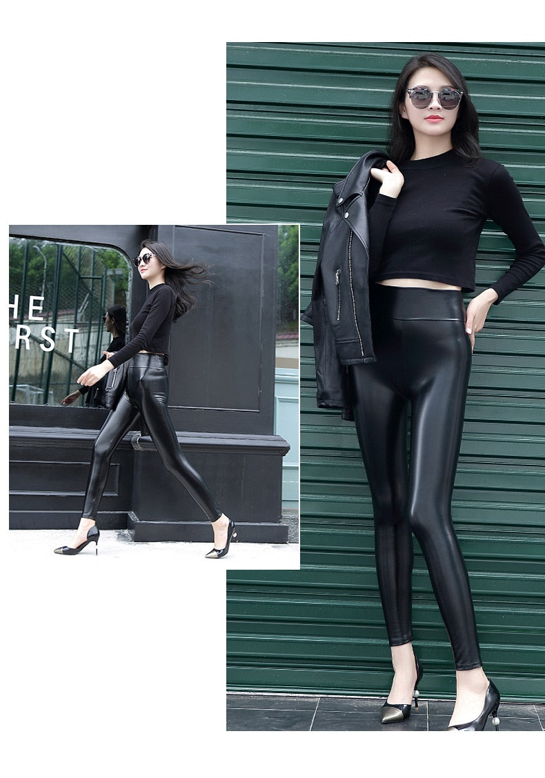Everbellus High Waist Leather Leggings for Women Black Light&Matt Thin&Thick Femme Fitness PU Leggings Sexy Push Up Slim Pants