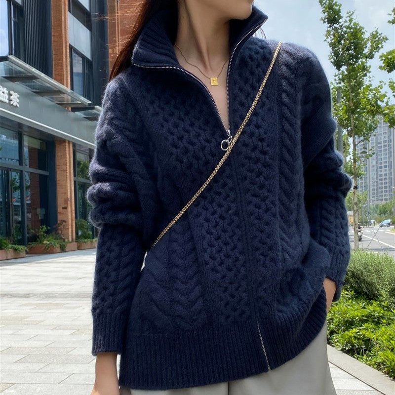 Heavyweight Thick Cashmere Sweater Women's Turtleneck Zipper Sweater Cardigan Lazy Loose Short Wool Knitted Top Coat