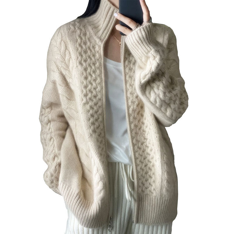 Heavyweight Thick Cashmere Sweater Women's Turtleneck Zipper Sweater Cardigan Lazy Loose Short Wool Knitted Top Coat