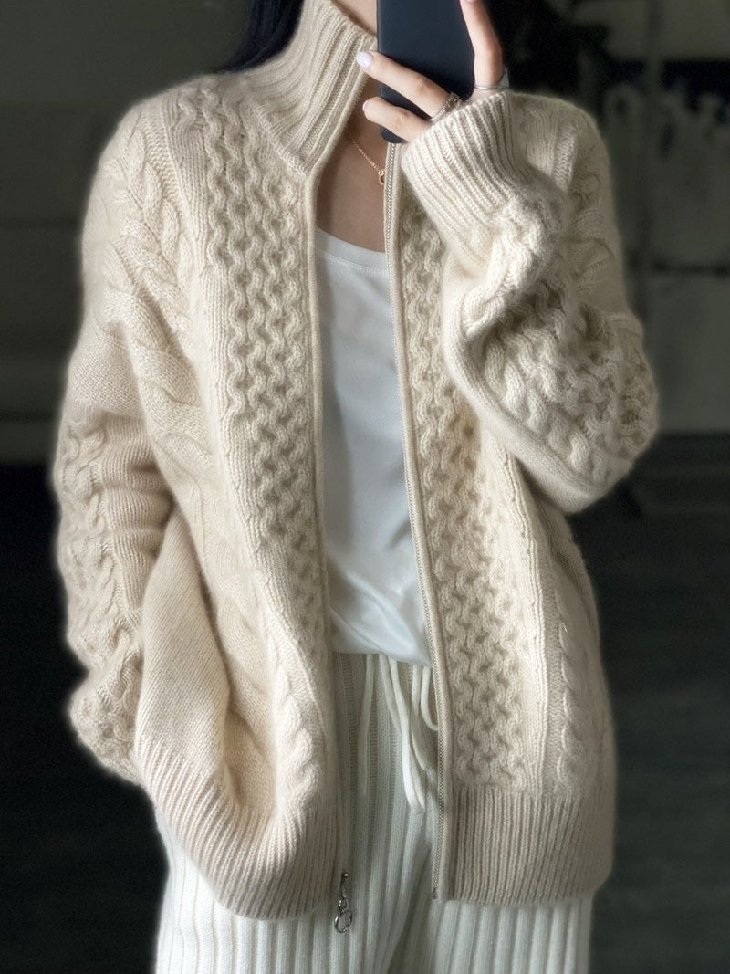 Heavyweight Thick Cashmere Sweater Women's Turtleneck Zipper Sweater Cardigan Lazy Loose Short Wool Knitted Top Coat