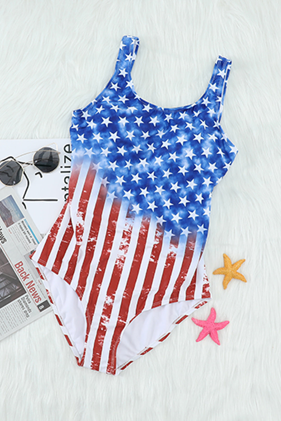 Flag Print Stars and Stripes Criss Cross Back One Piece Swimsuit
