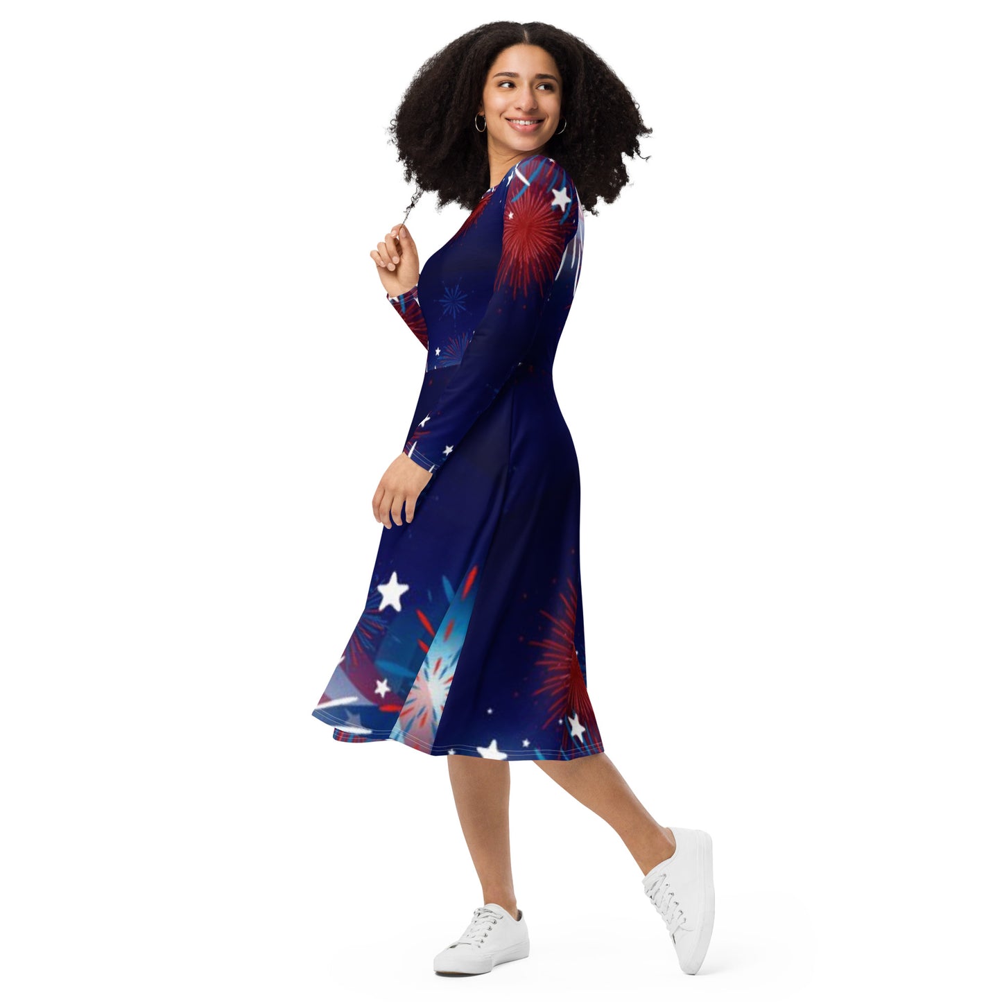 All-over print long sleeve midi dress