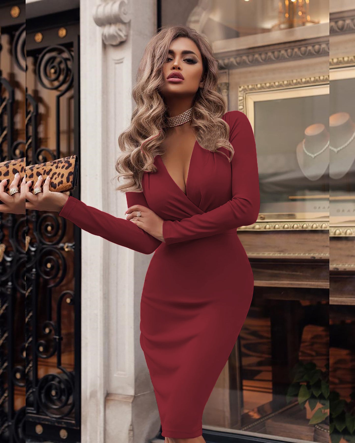 Amazon's new women's dress wish Hot fall/winter long sleeved skirt with deep V pleated hips is now available