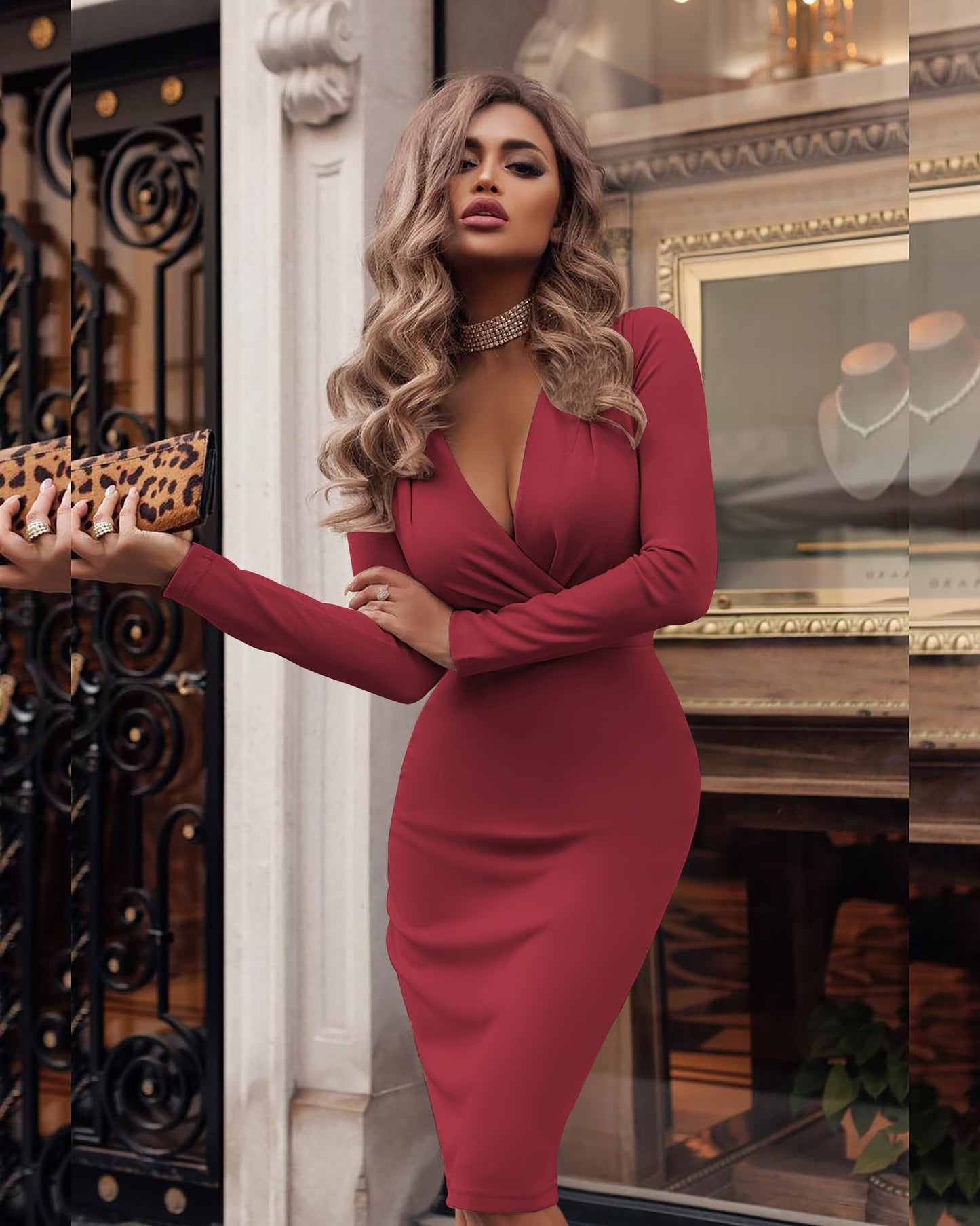 Amazon's new women's dress wish Hot fall/winter long sleeved skirt with deep V pleated hips is now available