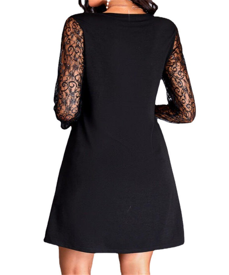 2021 ebay independent station autumn new women's lace stitching round neck dress