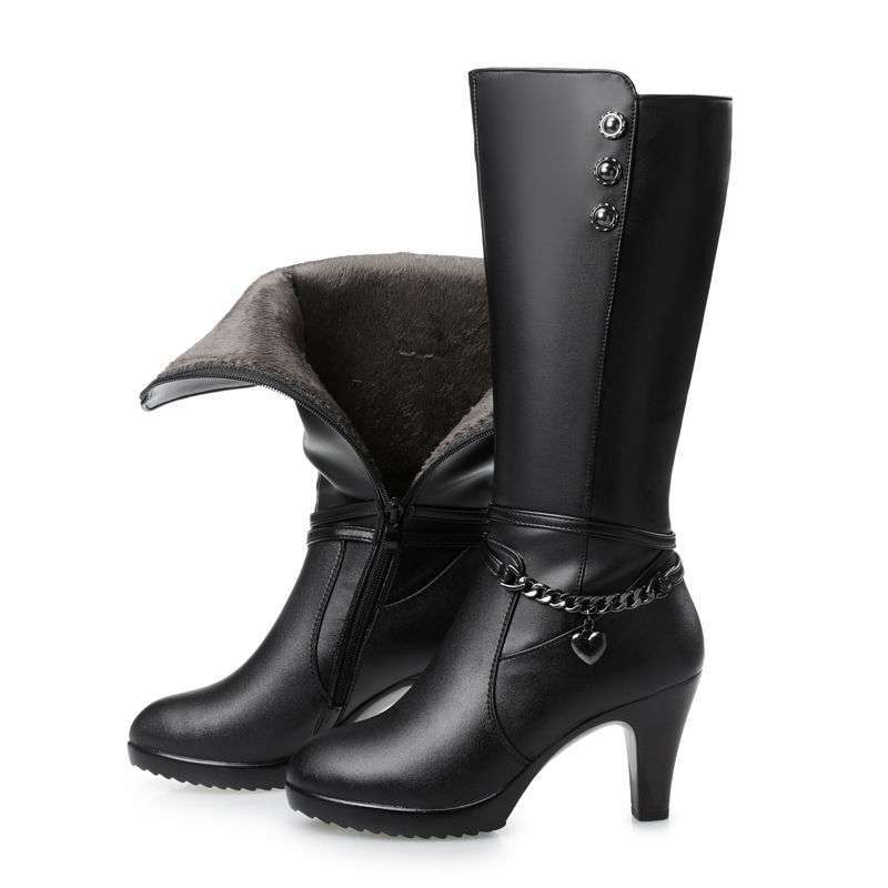 Woman Boots High-heeled Genuine Leather Motorcycle Boots Thick Wool Warm Winter Boots