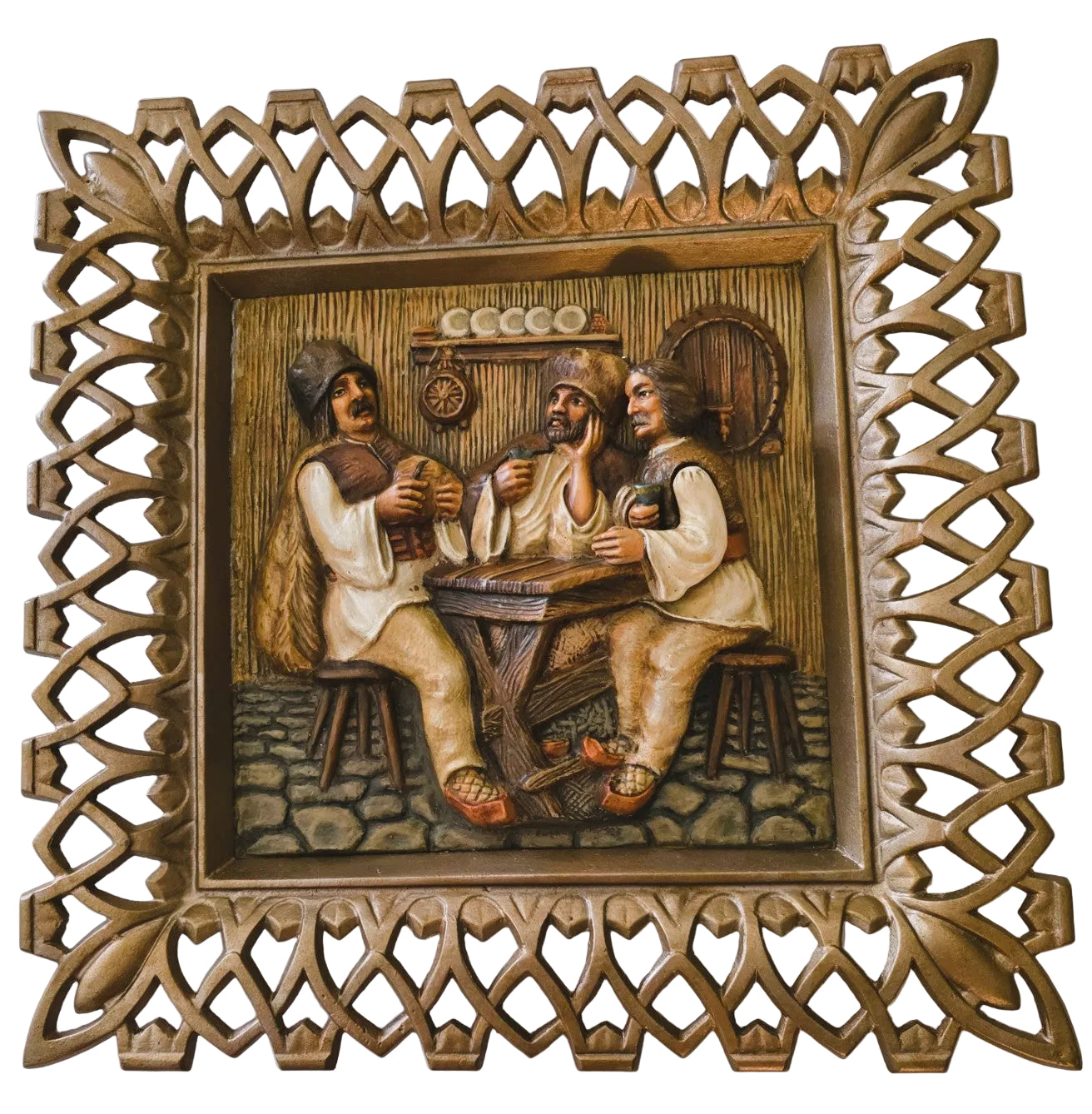 2 Tablouri 3D din ipsos (ghips) in relief, lucrate manual, model nemtesc, rama de alama, 50x50 cm