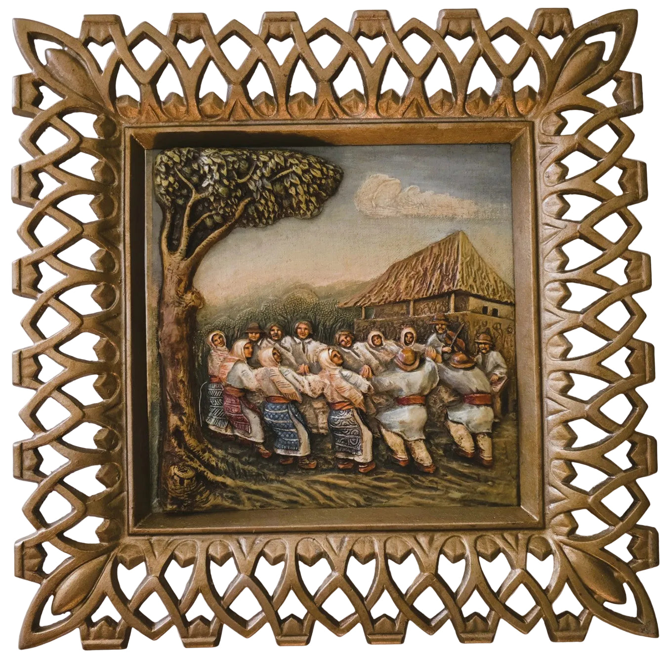 2 Tablouri 3D din ipsos (ghips) in relief, lucrate manual, model nemtesc, rama de alama, 50x50 cm