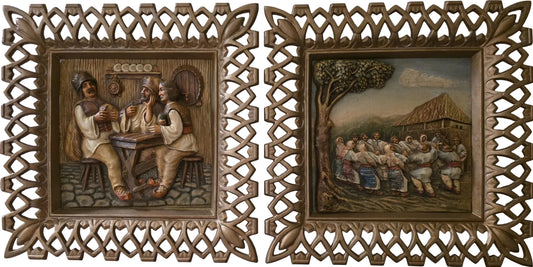 2 Tablouri 3D din ipsos (ghips) in relief, lucrate manual, model nemtesc, rama de alama, 50x50 cm