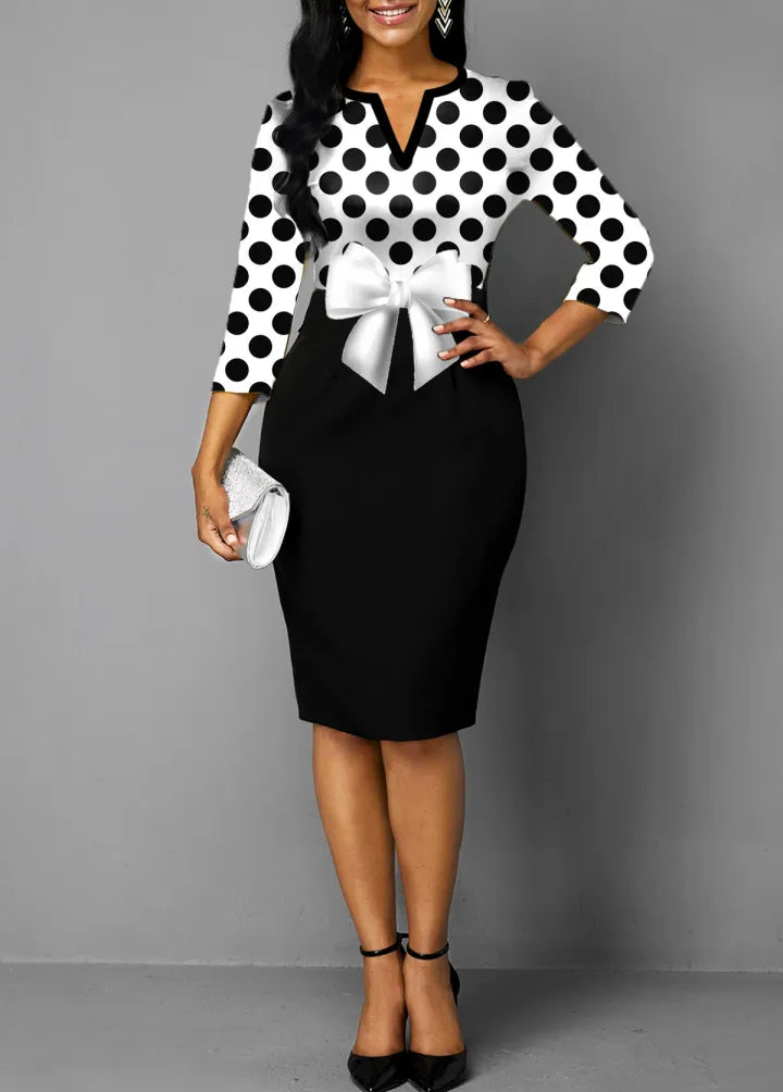 Bowknot Split Neck Polka Dot Dress