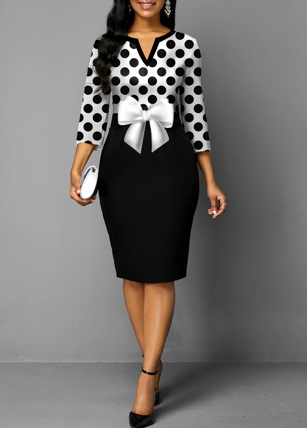 Bowknot Split Neck Polka Dot Dress