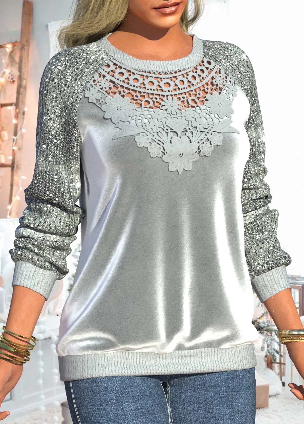 Grey Lace Velvet Stitching Sequin Round Neck Sweatshirt