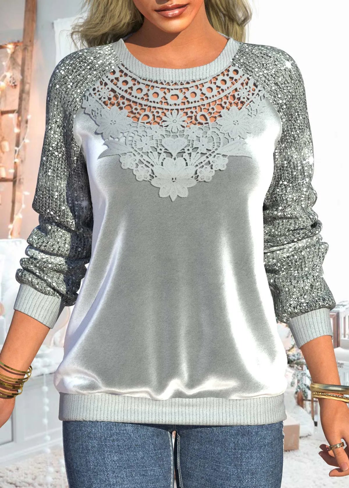 Grey Lace Velvet Stitching Sequin Round Neck Sweatshirt