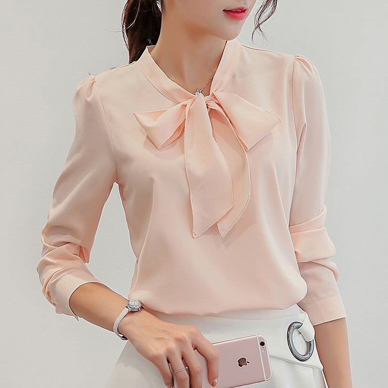 Summer Blouse Women Long Sleeve Shirts Fashion Leisure Chiffon Shirt Bow Office Ladies Pink White Tops
