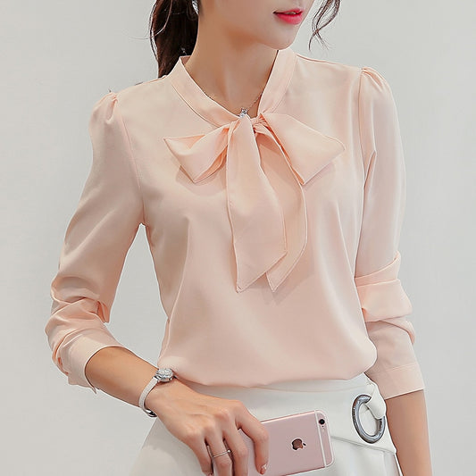 Summer Blouse Women Long Sleeve Shirts Fashion Leisure Chiffon Shirt Bow Office Ladies Pink White Tops