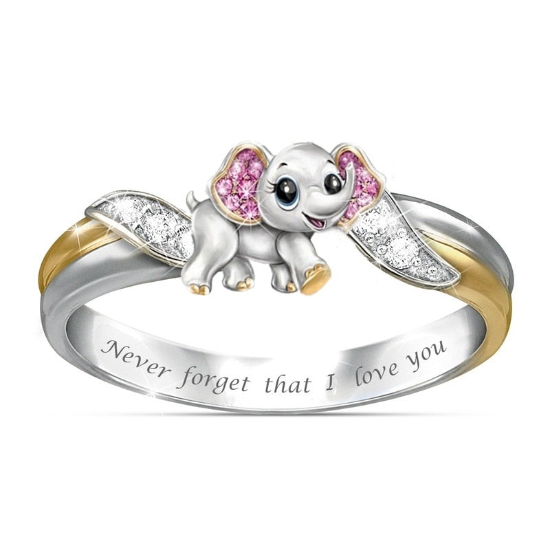Never Forget I Love You Silver Cute Pink Elephant Crystal Zircon Engagement Ring Accessories Lover's Gift Anniversary Jewelry