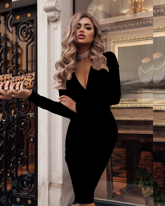 Amazon's new women's dress wish Hot fall/winter long sleeved skirt with deep V pleated hips is now available