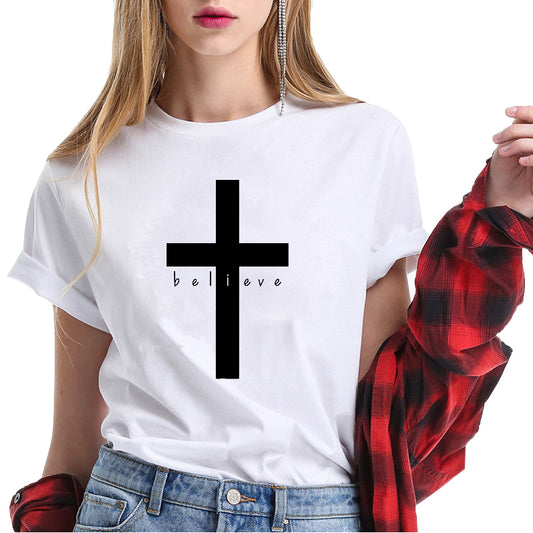 T Shirt Women Printing Cross Funny Summer Tops Short Sleeve Loose Fit Women Tshirt