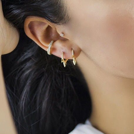 Mini Spike Punk Style Women Earring Round CZ Hoop Minimal Delicate Design Gold Filled Jewelry