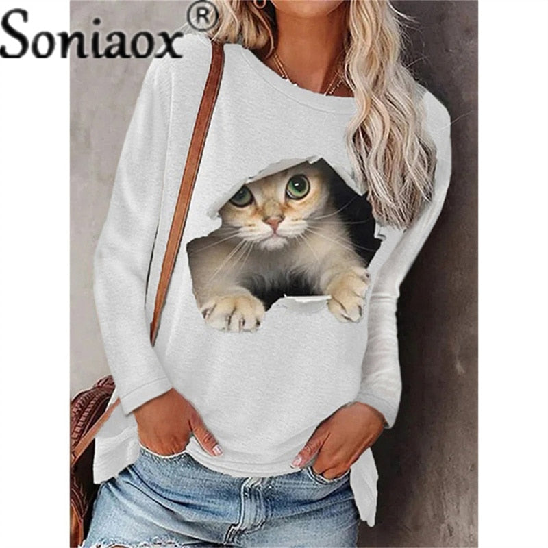 Women Long Sleeve Casual T-Shirt New Autumn O-Neck Printed Loose Tops Cartoons Funny Cats T-Shirt Fashion Lady Streetwear