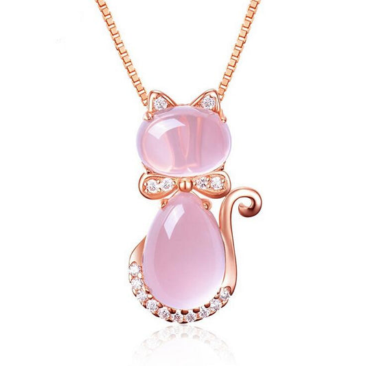 Cute Rose Pink Opal Kitty Cat Pendant Necklace For Women Girls Children Gift Lovely Quartz Romantic Wedding Jewelry