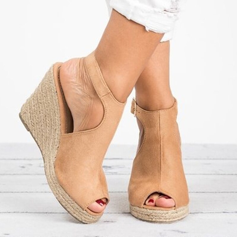 Women Sandals Female Suede Open Toe Cork Wedge Shoes Platform Buckle Strap Fashion Ladies Ankle Strap High Heels Shoes