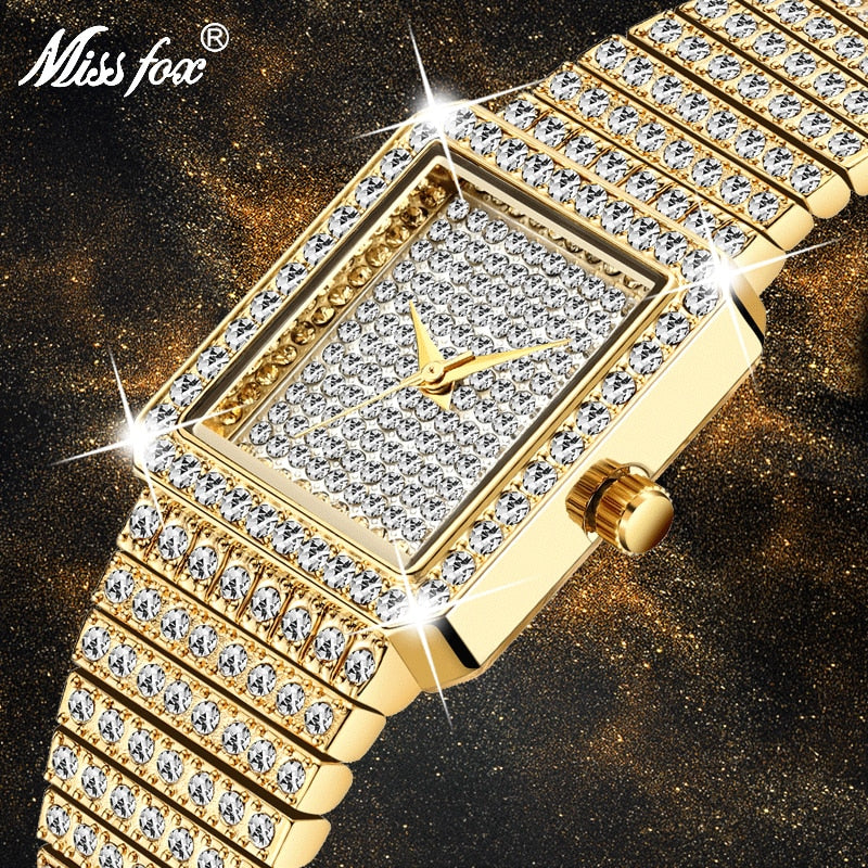 MISSFOX  2689 Diamond Watch For Women Luxury Brand Ladies Gold Square Watch Minimalist Analog Quartz Movt Unique Female Iced Out Watch