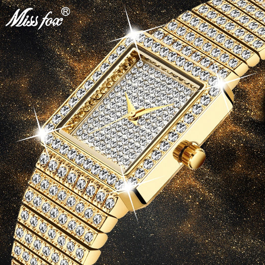 MISSFOX 2689 Diamond Watch For Women Luxury Brand Ladies Gold Square Watch Minimalist Analog Quartz Movt Unique Female Iced Out Watch