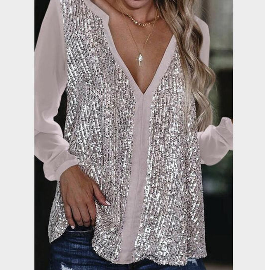 Casual sequined V-neck long-sleeved loose chiffon shirt for women