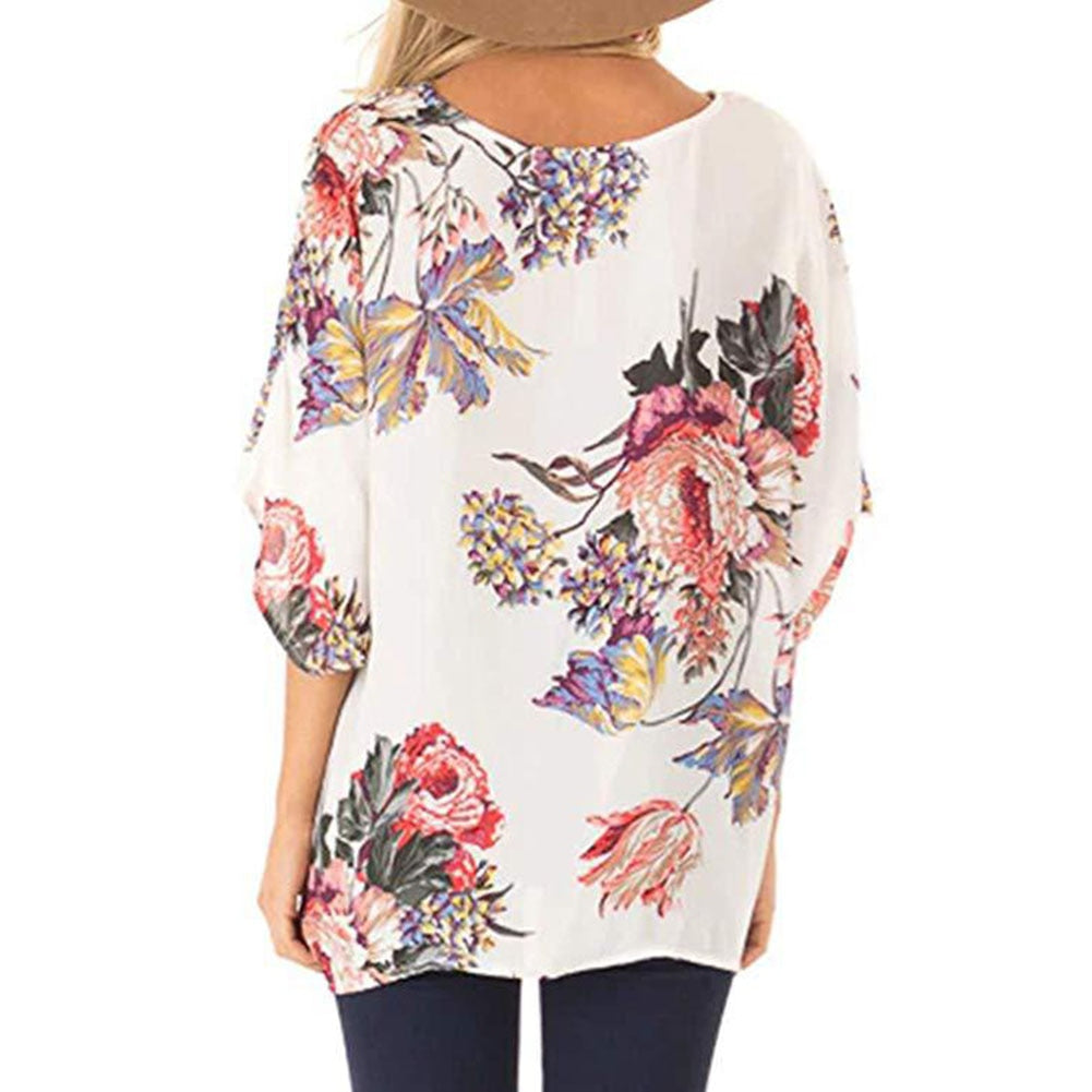 Fashion Concise Bohemia Style Women's Floral Printed V Neck Ruched Twist Tops Short Sleeve Loose Casual Vacation Shirts
