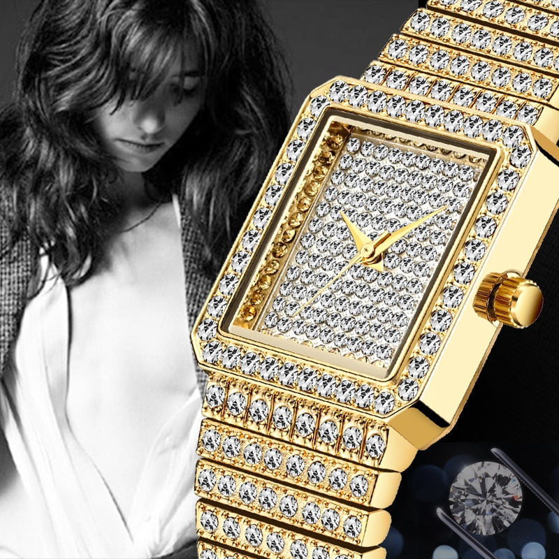 MISSFOX  2689 Diamond Watch For Women Luxury Brand Ladies Gold Square Watch Minimalist Analog Quartz Movt Unique Female Iced Out Watch