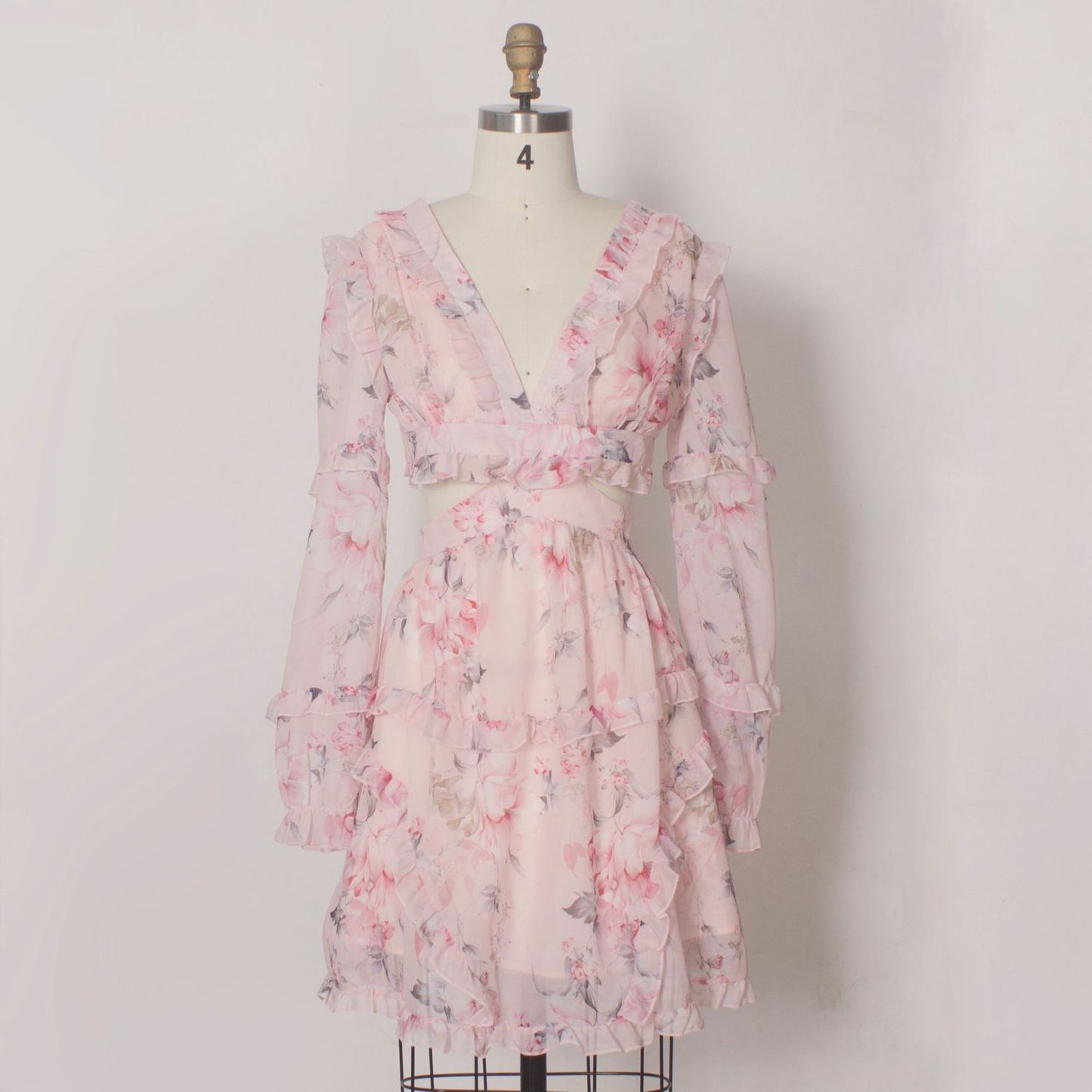 Spring Long Sleeve V Neck Pink Floral Print Hollow Out Ruffled Knee Length Chiffon Dress