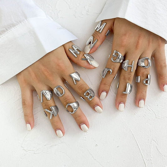 SRCOI Silver Color Metal 26 Letter Open Hollow Finger Rings Vintage Adjustable Stacking Wide Chunky A-Z Ring Women Jewelry