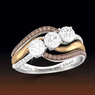 Europe and America Hot Sale Fashionable Personalized Letter Set Crystal Two-Tone Women's Wedding Ring