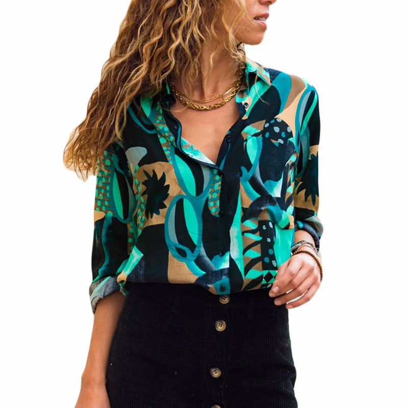 Women Chiffon Blouses Long Sleeve Turn Down Collar Office Shirt Geometric Print Blouse Loose Casual Tops