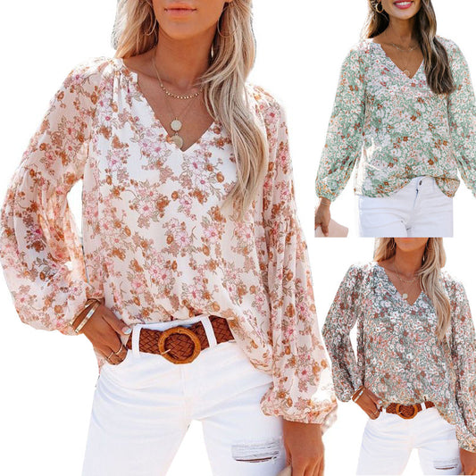 Women's Spring And Summer New V-Neck Lantern Sleeves Floral Chiffon Shirt Top With Lining