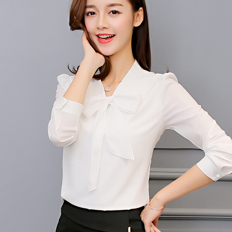 Summer Blouse Women Long Sleeve Shirts Fashion Leisure Chiffon Shirt Bow Office Ladies Pink White Tops