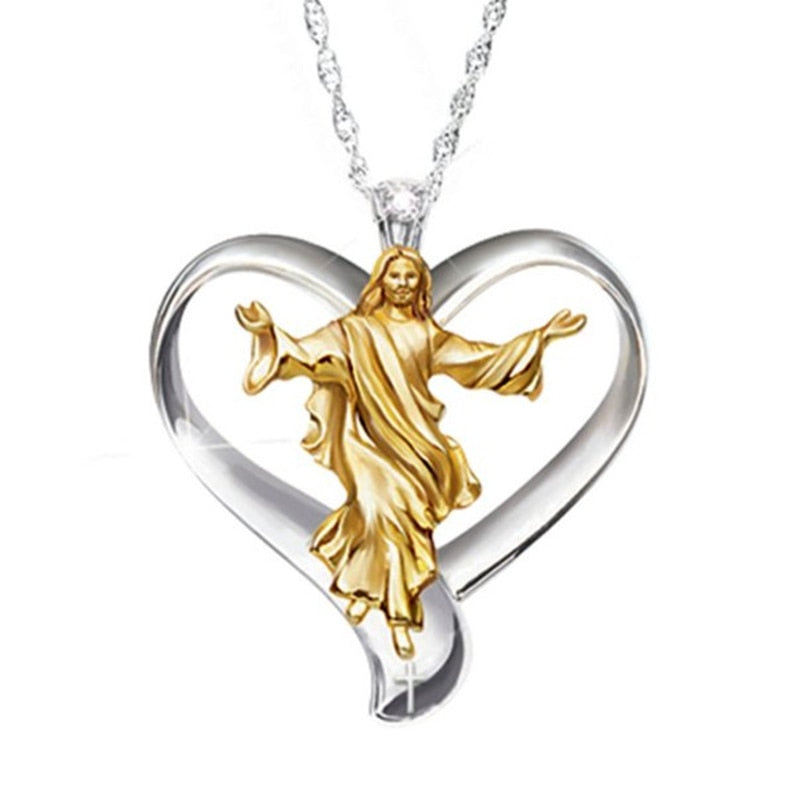 Heart Jesus Necklaces Gold and Silver Two-tone Clear Round Zirconia Alloy Pendant Necklace Woman Wedding Enagement Jewelry Gifts