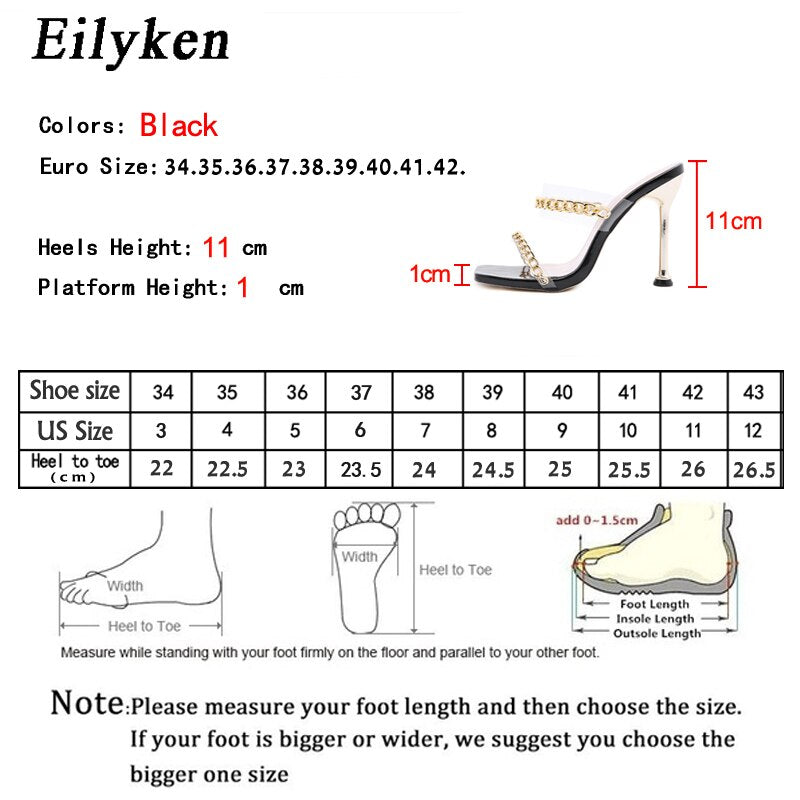 Sexy Transparent PVC Slippers Summer Thin High Heels Fashion Chain Design Slip On Square Toe Mules Slides Women Shoes