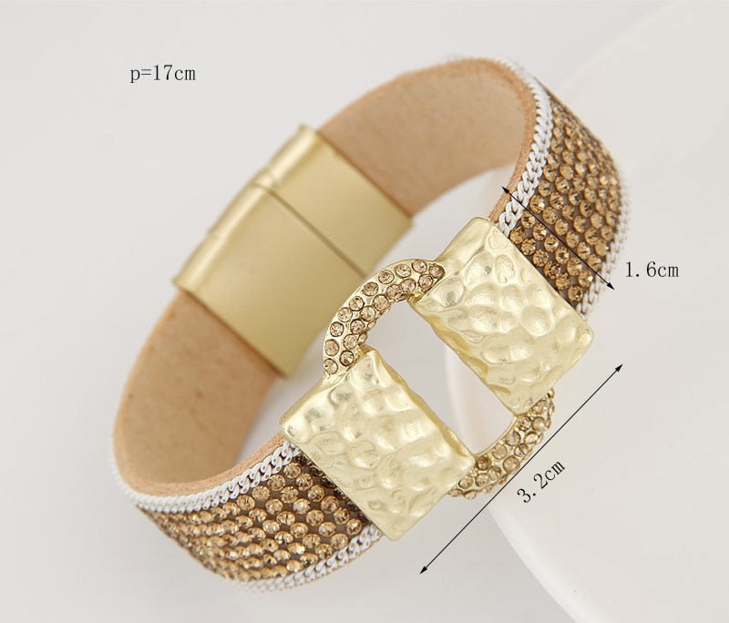 Sparkling Full Rhinestone Belt Buckle Wide Magnetic Leather Bracelets