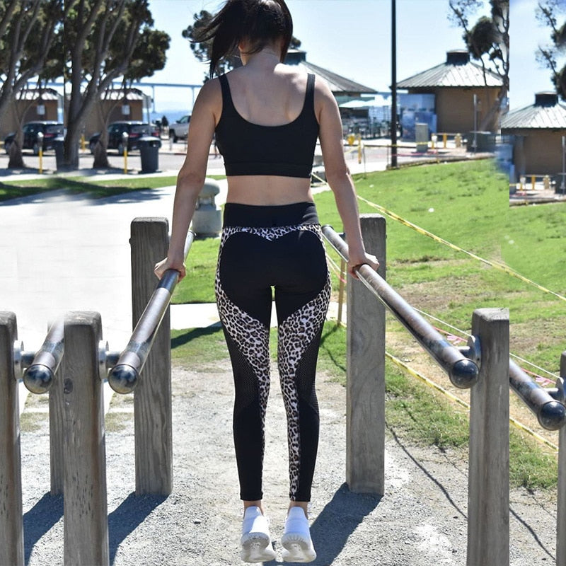 Sexy Leopard Heart Leggings Women Fitness Mesh Patchwork Legging Bodybuilding Breathable Jegings Pants