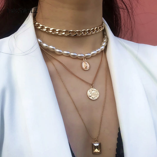 Punk Multi Layered Pearl Choker Necklace Collar Statement Virgin Mary Coin Crystal Pendant Necklace Women Jewelry