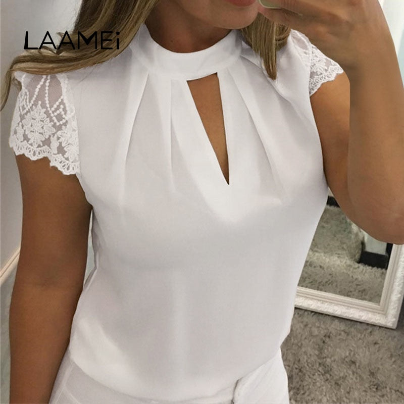 Lace Blouses Women Hollow Out Sexy Tops Femme Solid Casual Office Shirts Plus Size